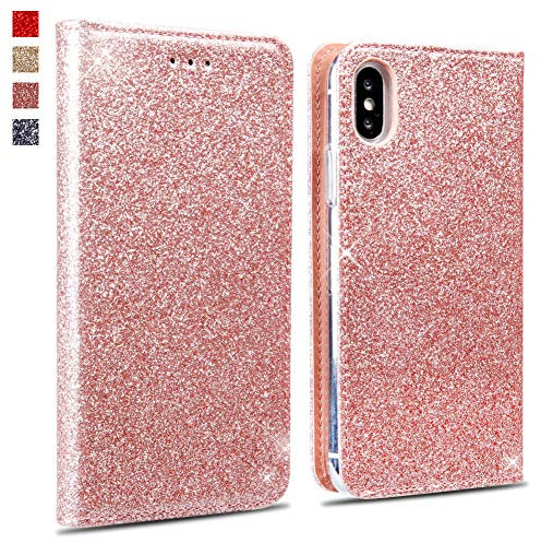 OKZone Case for iPhone XS Max Case, Bling Glitter Sparkly PU Leather Flip Wallet [Card Slot] [Stand Function] [Magnetic Closure] [Inner Soft TPU] Folio Case Cover For iPhone XS Max (Rose Gold)