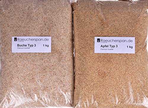 Räucherspäne Räuchermehl Apfel u. Buche Typ 3 Spangröße 0,3-1mm je 1 kg Sparbrand Räucherschnecke Kaltrauchgenerator geeignet