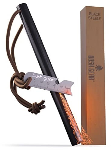 Bush Gear Feuerstahl Outdoor XXXL - Extremer Funkenflug - Magnesium Feuerstarter Set - Bis zu 20.000x zünden, Feuerstein Kit für Survival, Zuhause, Camping und Bushcraft Abenteuer Version: BlackSteels