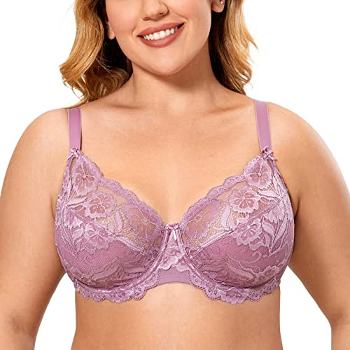 DELIMIRA Women's Full Coverage Lace Plus Size Bra Orchid Rose 36C