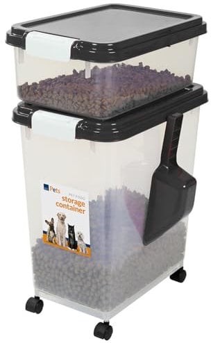 Taylor & Brown 3-Piece Airtight Pet Food Storage Container With Plastic Measuring Scoop Treats For Pet Dog Cat Animal Dry Food Dispenser With Casters, Black