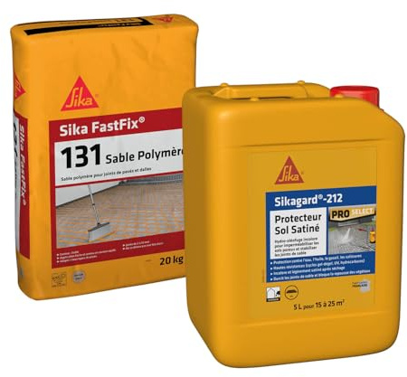 Kit joint sable pavé avec protection effet SATINE: Sika Fastfix sable polymère ton sable 20kg + Sikagard Protection Sol Satiné Hydrofuge pour pavés et dalle 5L