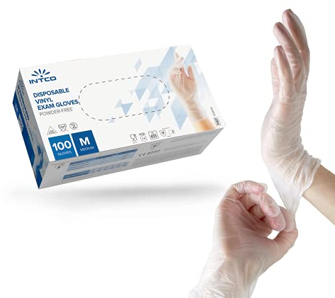 Intco Medical – 100x medizinische Einweg-Handschuhe aus reißfesten Vinyl – Latex-und puderfrei für einwandfreie Hautverträglichkeit – Einsetzbar in Chemie-, Lebensmittel- & Reinigungsindustrie (M)