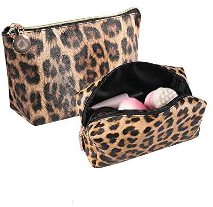 2 Stück Make Up Tasche Kulturbeutel Tragbar Reise PU-Leder Schminktasche Kosmetiktasche Mit wasserbeständig und strapazierfähigem (Leopard)