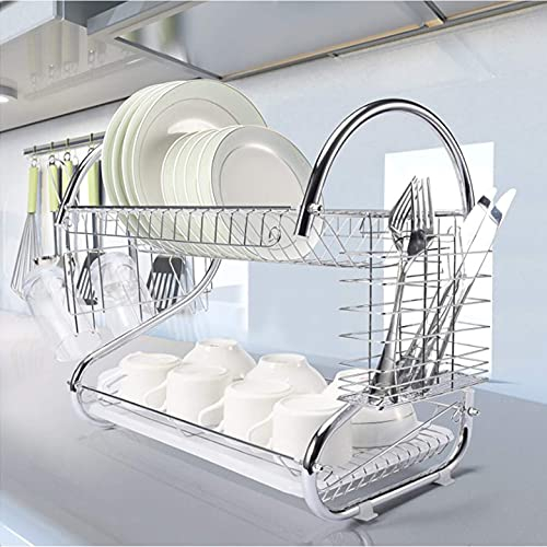 HUOLE Escurreplatos con Dispensador de Jabón y Estropajo Incluido, Escurridor de Platos de Acero Inoxidable de 2 Niveles con Soporte para Platos