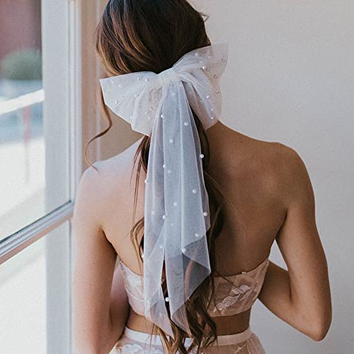 Duories Elegante Lange Tüll Streamer Pearl Bow Haarspange Haarnadelschleife Haarklammer,Große Haarschleifen Clip Haar-Accessoires Haarschmuck Haarclip für Frauen und Mädchen Dickes Haar, Weiß