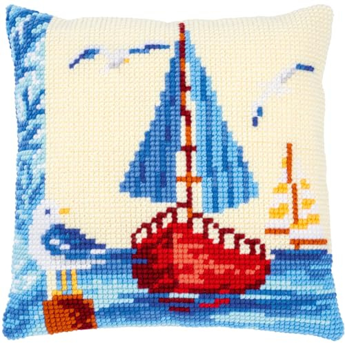 Vervaco Cross Stitch Kit Cushion Complete Set Sailboat Decoration Manual Embroidery Kit Adult Art Creative Gift DIY Cross Stitch Embroidery ca. 40 x 40 cm