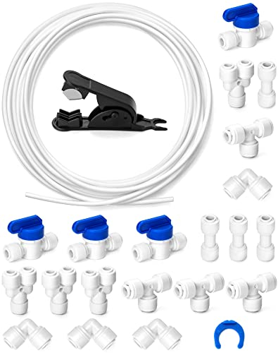 QWORK 10 m 6.35 mm (1/4 inch) water inlet pipe universal connection set, (Y + T + I + L type combo + shut-off valve) with hose cutter, suitable for most freezers