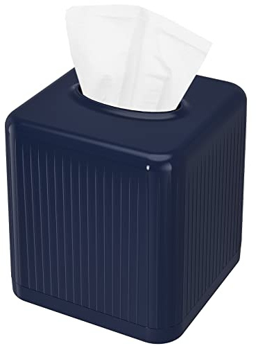 Livelab Tissue Box Cover With Base - Square Plastic Holder, Decorative Case, Modern Facial Paper Dispenser for Bathroom, Vanity Countertops, Night Stands, Desk - Navy Blue