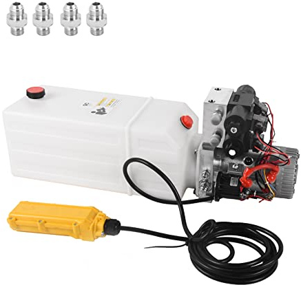 Dawot Pompe hydraulique de 8 pintes, unité de puissance hydraulique 12 V CC, pompe à double effet solénoïde de remorque avec réservoir en plastique pour remorque à benne basculante et plates-formes de