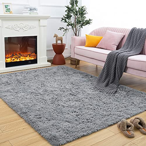ROHATIM Hochflor Teppich Rund Wohnzimmer Super weich Shaggy Teppich Flauschiger,Soft Area Rug Schlafzimmer Teppiche Super weich Fluffy Kindermatte(grau,100 x 209 cm)