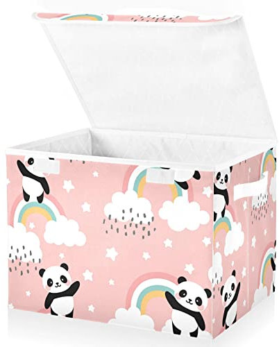 linqin Wäschebox mit Deckel, Aufbewahrungskorb für Kleidung, Panda und Regenbogen, Pink, Stofforganisation, 30,5 x 30,5 x 40,6 cm