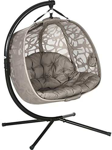Outsunny Hängesessel, 2 Sitzer Hängestuhl mit Kissen, Hängeschaukel mit Klappbarem Sitzkorb, Seitentaschen für Indoor, Outdoor, bis 240 kg Belastbar, Polyester+Stahl, Sand