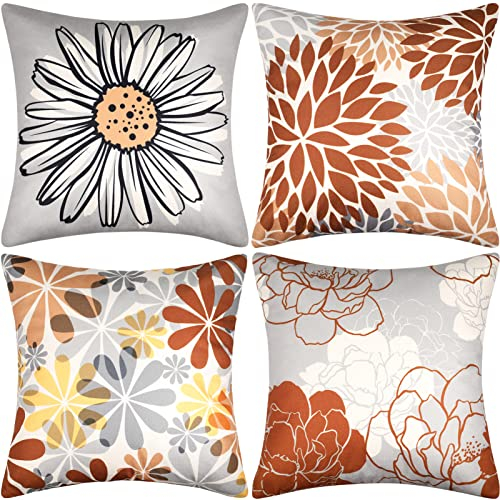 Cheekywares Kissenbezüge Sofakissen Blumen Boho Abstrakte Vintage Leinen Braun Grau Zierkissenbezüge Dekorative für Sofa Schlafzimmer Wohnzimmer Couchkissen Kissenbezügen 40x40cm, 4er Set