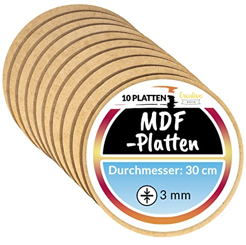 Creative Deco 10 x Panneau MDF Rond | 300 x 300 x 3 mm | Diamètre 30 cm | Feuille Planche Bois Brut | Plaque Bois Idéal Bricolage, Découpe Laser, Gravure | Panneaux Bois pour Pyrogravure, Linogravure
