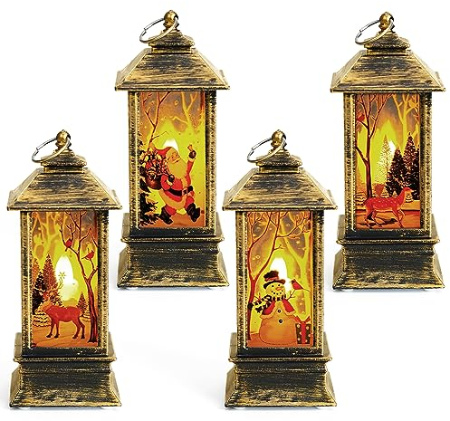 BELLE VOUS Pack de 4 Farolillos de Navidad con Luces LED y Diseño Vintage - Adornos Navidad para Colgar - Santa Claus, Muñeco de Nieve y Ciervo - Interior y Exterior - a Pilas