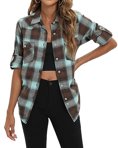 siliteelon Damen Kariertes Grün Hemd Langarm Oktoberfest Bluse Karo Tunika Baumwolle Tops Casual Oberteile,L