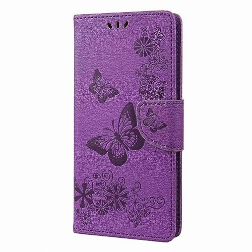 Skyhewen for iPhone 15 Case Wallet Flip Shockproof Floral Butterfly PU Leather Phone Case Magnet Stand Card Holder Silicone Bumper for iPhone 15, Purple