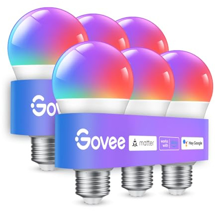 Govee Smart Glühbirne E27, WLAN LED Lampe RGBWW 800lm,dimmbare,6 Stück | Smart Bulb kompatibel mit Matter, Alexa und Google Assistant, 16 Millionen DIY-Farben,54 Szenen, Smart Home Zubehör