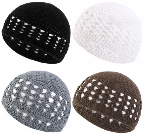 BAOZOON Kufi-Mütze, Häkelmütze, Totenkopfmütze, einfarbig, Strickmützen, muslimische Häkelmützen für Männer, Frauen, Teenager, 4 Stück