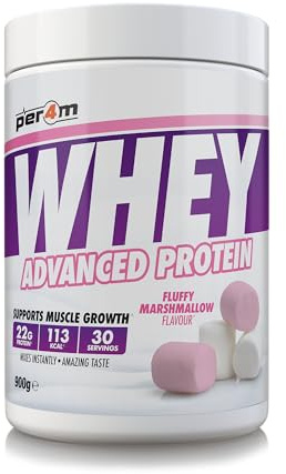 Per4m Whey Protein, Molkenprotein mit vollem Aminosäureprofil, unterstützt Muskelaufbau & Regeneration, reich an essentiellen Aminosäuren, für Sportler täglich nach dem Training – Marshmallow – 900g