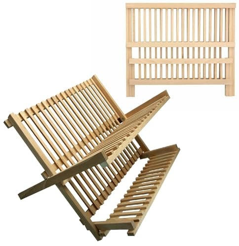 ARUUJ Beechwood Folding Dish Drainer - Kitchen Foldable Dish Drying Rack - Plates, Cups, Bowls, Utensils Storage Holder - 2 Tier Wooden Dish Drainer Rack - H 35 x W 40 x D 30 cm