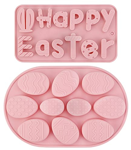 Bekecidi 2 PCS Easter Egg Chocolate Moulds Silicone Happy Easter Letter Alphabet Mold DIY Soap Candy Jelly Cake Baking Silicone Moulds for Home Party Easter Decorations