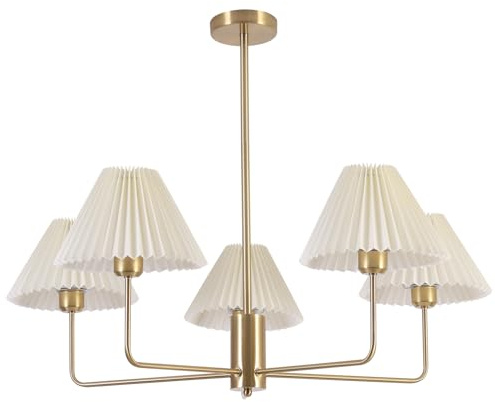 KCO Lighting 5-Lights Weiß plissiert Stoff Pendelleuchte Mid Century Modern Gebürstet Gold Sputnik Kronleuchter Traditionelle Esszimmer Wohnzimmer Kronleuchter über Esstisch