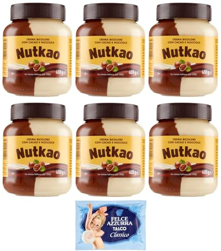 6er-Pack Nutkao Crema Bicolore Cacao,Nocciole e Vaniglia,Streichfähige Creme Kakao mit Haselnüssen und Vanille, 400g-Glas + 1er-Pack Kostenlos Felce Azzurra Talkumpuder, 100g-Beutel