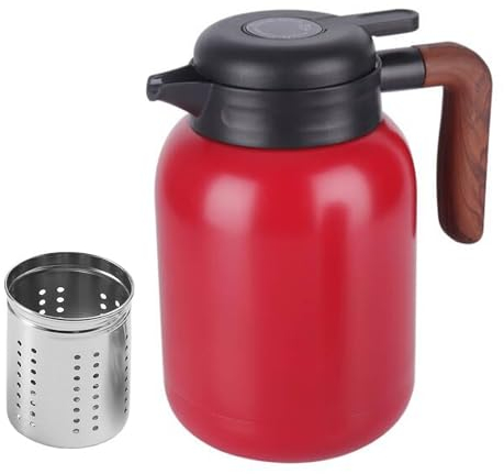 1,5L Thermoskanne, Isolierkanne mit Holzgriff, 316 Edelstahl Doppelwandige Thermo Kaffeekanne, Teekanne Thermo mit Abnehmbarem Teesieb, Kanne mit Tropffreiem Ausguss für Kaffee, Tee, Milch (Rot)