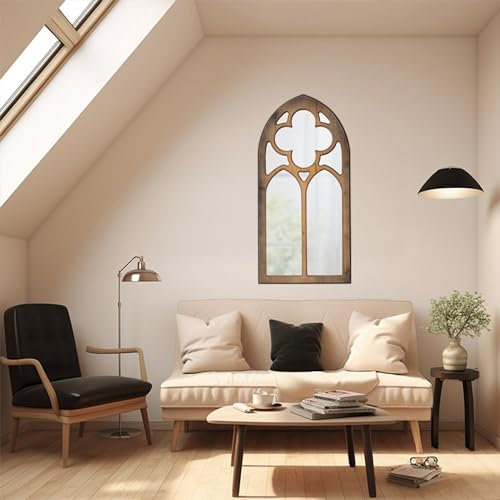 Sintosin Rustikaler gotischer Kathedralen-Fensterspiegel, 45,7 x 91,4 cm, hängend, brennende, fertige Bauernhaus-Fensterscheibe, Spiegel, Holzrahmen, Fensterspiegel für Wanddekoration, für Kamin,