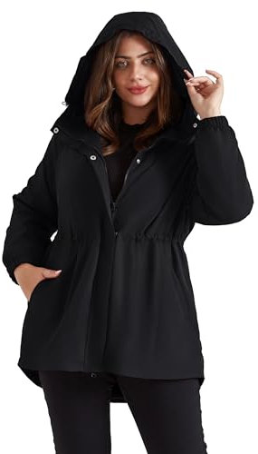 Hanna Nikole Damen Große Größe Leichte Wasserdicht Regenjacke Zweiwege Reißverschluss Outdoorjacke Verstellbare Kapuze Schnell Trocknend Windbreaker Black 52