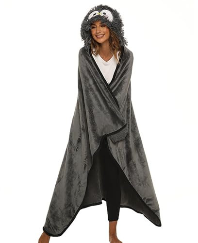 Flanell Fleece Pyjama Damen Sommer Damen- mit, Tier-Lazybones, Pinguine, Yaks, Pandas, Cartoon-Stickerei, doppelte Wolldecke, tragbarer Schlafanzug für zu Hause Damen Pyjama für (Grey, One Size)