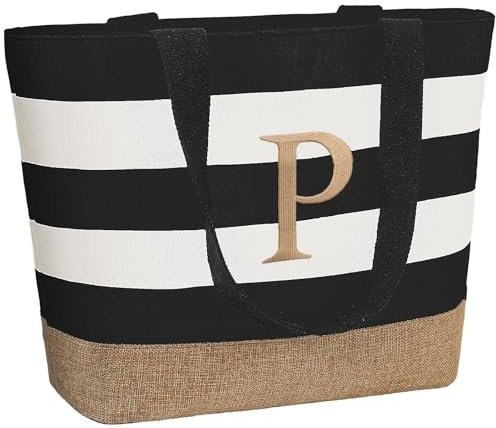TAHAVICE Initial Canvas Tote Bag, Bolsas personalizadas para mujeres como regalo, Bolsa de playa para boda, cumpleaños, regalos personalizados para mujeres, mamá, profesoras, amigas, damas de honor, P