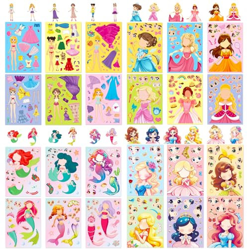 Elegance-go Prinzessinnen DIY Aufkleber, 24 Blätter Cartoon-Sticker, Multicolor, Kinder, Wiederverwendbar, Glänzend, Wasserflasche, Laptop, Sammelalbum