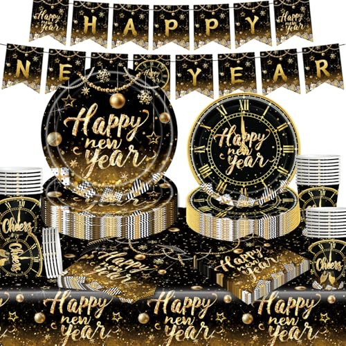 Antsparty Ensemble de décoration de réveillon du Nouvel An 2026 pour 24 invités, 98 pièces - Vaisselle de fête du Nouvel An avec assiettes en carton, gobelets en carton, serviettes, nappe, banderole