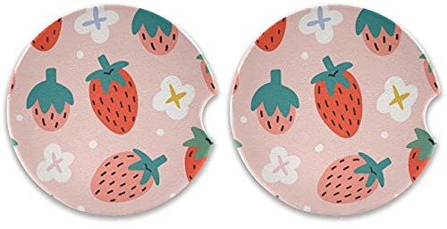 Vibiliyou unique coasters 2 Pack Cute Strawberry Car Coasters,Absorbent Ceramic Stone,with Fingertip Grip,Drinks Car Cup Holder Coasters