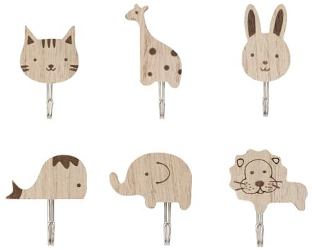 Bekecidi 6 ganchos de madera para abrigos de animales, ganchos decorativos de pared para habitación de niños, decoración de guardería, elefante, ballena, gato, león, conejo, jirafa en forma de animal