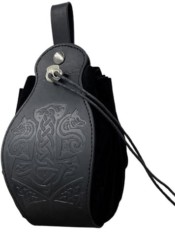 Viking Wolf Mjolnir Embossed Leather Waist Bag for Men Women -Nordic Vintage Thor's Hammer Renaissance Belt Pouch - Handmade Hangable Drawstring Fanny Pack(Black)