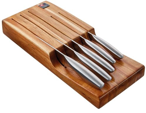 Richardson Sheffield FORME Messerblock für Schublade, 5-teiliges Set, Hochwertiges Akazienholz, inklusive 5 Edelstahl-Küchenmessern zur sicheren, platzsparenden Aufbewahrung