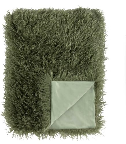 furn. Rowan Throw – Soft Faux Fur Mongolian Style Decorative Blanket with Velvet Reverse (Khaki - 130x175cm)