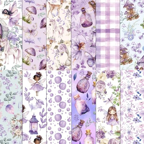 24 Blatt Scrapbook Papier Lila Fee Elfen Muster,12-Typen Doppelseitige Dekorpapier Schmetterlin Origami Papier Scrapbook Zubehör Craft Mädchen Bastelpapier Journal Motivpapier DIY Fotoalbum 30x30cm