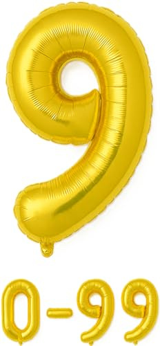 Luftballon 9 Gold | 80 cm Zahlenballon | Folienballon mit Luftröhrchen | Zahlenluftballon für Geburtstag, Jubiläum, Hochzeit, Party & Events | Helium oder Luft | Ballon Zahl | Geburtstagsdeko