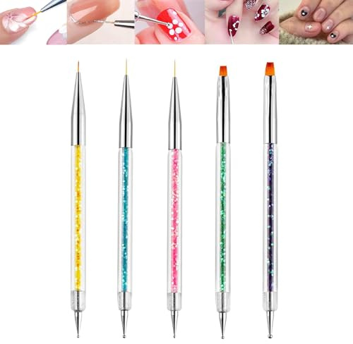 5pcs Nail Art Brushes Double Ended Nail Dotting Tool Set with Art Pens for Drill Drawing Brush Pen Professional Tools Kit for Manicure and Accessories