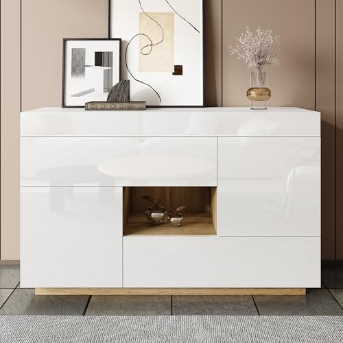 LANTRO JS Hochglanz Sideboard, mit Farbwechselnder LED Beleuchtung, Wohnzimmerschränke mit 2 Schubladen, Soft Touch Scharniere, 120x76.5x37cm, Weiß