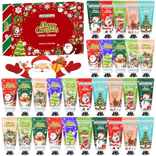 Weihnachts Handcreme Geschenkset für Frauen, 30PCS Mini Handcreme mit 10 Festliche Muster, Handlotion Feuchtigkeitscreme für Trockene Hände- Kleine Weihnachtsgeschenke Geschenke für Kollegen Freundin