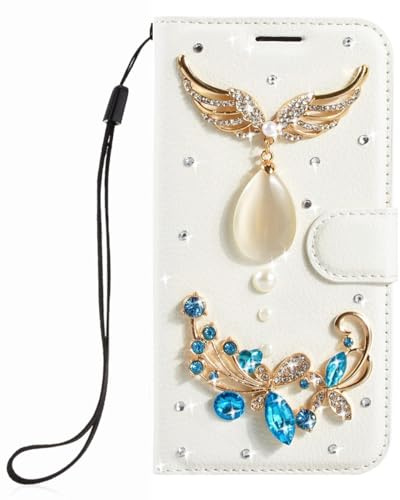 Handyhüllen für Samsung Galaxy M06 Glitzer Hülle Weiß PU Wallet Flip Case Ledertasche Schutzhülle Glänzende Glitzer Bling 3D Wings of Angels Strass Diamant Hülle Handyhülle