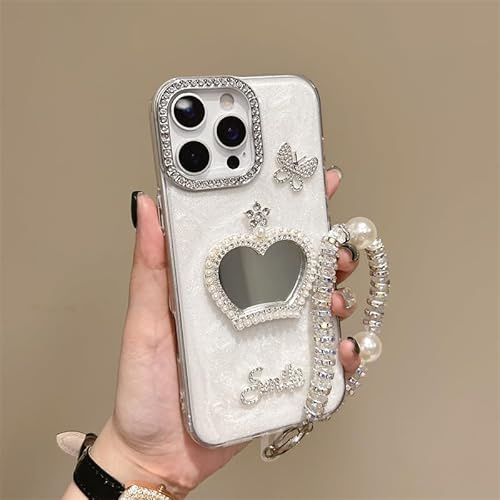 BEENTRYS Mirror Case for iPhone XS Max Case,Glitter Butterfly Pearl Rhinestone Bling Girls Women Aesthetic TPU Bumper Shockproof Protective Phone Cover with Bracelet-White