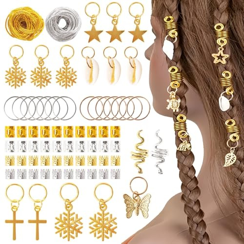 Joyeee Kit de 230PCS Spirales Or Argent pour Cheveux – Charms Étoile Flocon Coquillage Papillon Feuille Anneaux pour Tresses Dreadlocks Bijoux Festival avec Outil