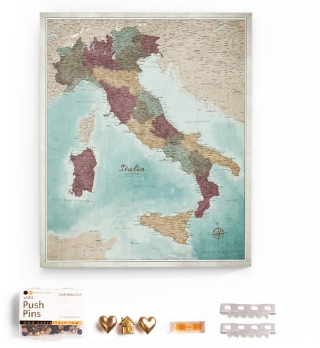 Italien-Leinwandkarte mit Pinnwand aus Kork zum Anheften von Reisezielen - Hochwertige Leinwandtafeln mit Italienkarte